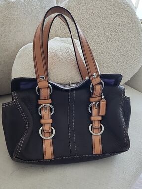 Leather Tote Handbag - Black with Tan Straps